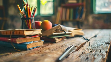 Stack of books and school supplies on old wooden table. - obrazy, fototapety, plakaty