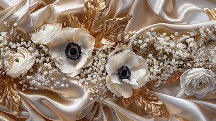 An opulent arrangement of metallic gold and silver leaves intermixed with white anemones and baby's breath, set against a luxurious satin fabric. - obrazy, fototapety, plakaty