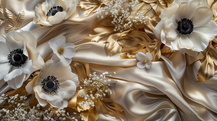 An opulent arrangement of metallic gold and silver leaves intermixed with white anemones and baby's breath, set against a luxurious satin fabric.