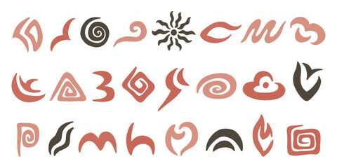 Fototapeta na wymiar Abstract symbols set, doodle hand drawn shapes of brown terracotta colors isolated on white. Vector clipart symbols for organic, natural or boho design. Magic or rune sign, minimalist logo.