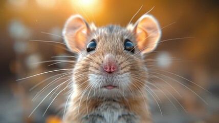 Rat showcasing a close-up view of a rat with sleek fur, whiskers, and bright eyes.