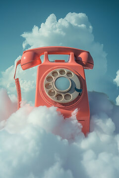 Close up of retro red telephone standing on a cloud. Pastel ultra light blue sky, puffy cloud. Abstract Style minimalism. Vintage fashion aesthetic concept.