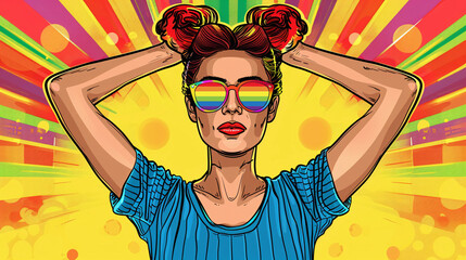Retro pride day pop art portrait, rainbow sunglasses woman, colorful pride day illustration, perfect for LGBTQ events, marketing campaigns - obrazy, fototapety, plakaty