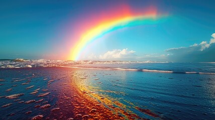 Rainbow in the sea featuring a gracefully arched rainbow with radiant and saturated colors.