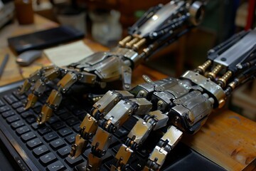 Naklejka premium Robotic arms over a keyboard, showcasing the fusion of advanced robotics and computing technology.