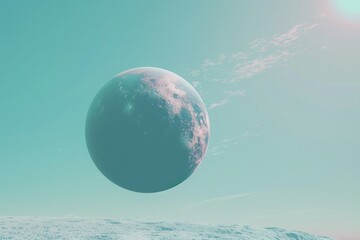 Minimalist floating planet over a serene pastel landscape, a conceptual art piece evoking space exploration and dreams.

