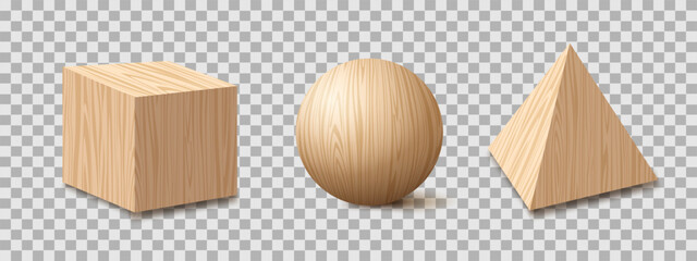 Realistic wooden textured cube,ball,pyramid 3d style. Vector set elements