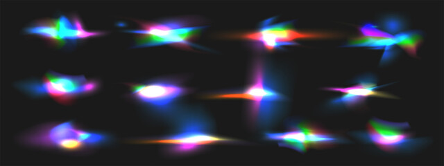 Crystal rainbow leak glare reflection effect. Colorful vector element set, lenses with transparent effects. Iridescent optical lights beams,glare