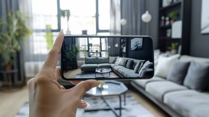 Smartphone augmented virtual reality interior application apps choosing sofa experience for touch screen realistic composition  - obrazy, fototapety, plakaty