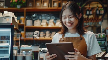 Asian barista woman using tablet for promote shop. Woman using tablet with attractive smiling. - obrazy, fototapety, plakaty