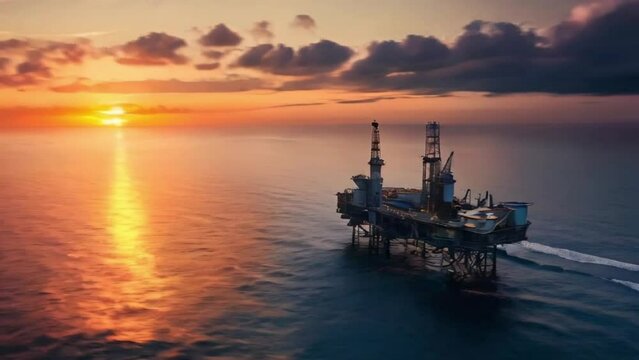 aerial view of an offshore oil rig with sunset view