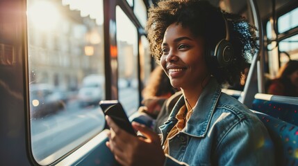A young woman smiles while talking on his phone, on the bus. - obrazy, fototapety, plakaty