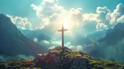 Fotobehang Christian cross against the sky over the mountains © buraratn