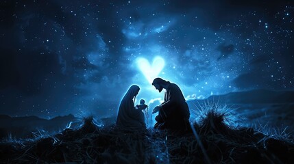 Christmas religious nativity story concept: Silhouette mother Mary and father Joseph looking Jesus born in birth manger with heart shape of tomb stone on night - obrazy, fototapety, plakaty