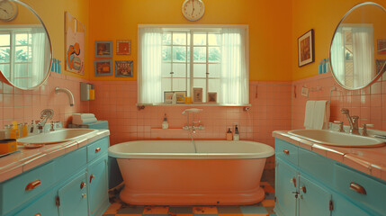 Retro Styled Bathroom Interior with Pastel Colors