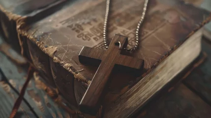 Foto op Canvas Closeup of simple wooden Christian cross necklace on Bible , vintage tone , god © buraratn