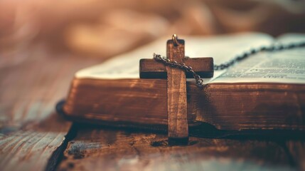Closeup of simple wooden Christian cross necklace on Bible , vintage tone , god - obrazy, fototapety, plakaty