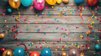 Colorful carnival or party frame of balloons, streamers and confetti on rustic wood planks with copy space
