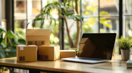 Fototapeta premium Equipments for SME online business , delivery business laptop, barcode, boxes, checking product on stocks or parcels. Small business working at home office.