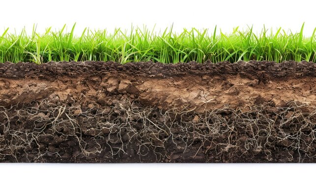 Cross section of green grass and underground soil layers beneath