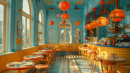 Vintage Style Diner Interior with Orange and Blue Decor
