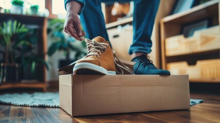 Happy young businessman owner packing shoes to cardboard box, Young Owner Woman Start up for Business Online. People with online shopping SME entrepreneur or freelance working concept.
