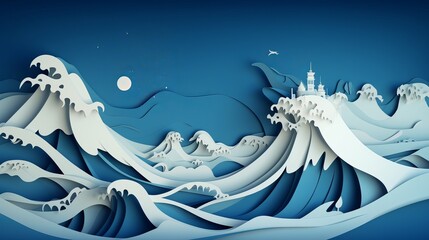 Abstract Paper Background with Castle and Big Ocean Wave - Danger Concept