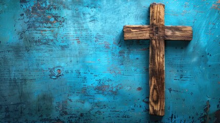 Image of wooden cross on blue retro background