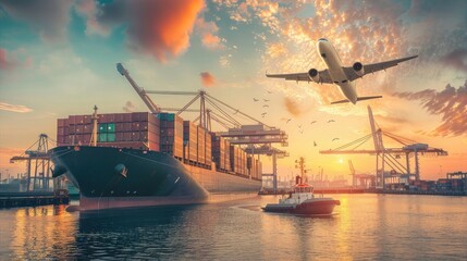 Logistics and transportation of Container Cargo ship and Cargo plane with working crane bridge in shipyard, logistic import export and transport industry background - obrazy, fototapety, plakaty