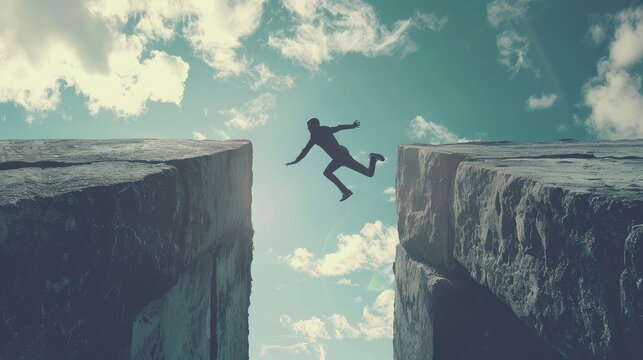 Man jump through the gap. Element of design