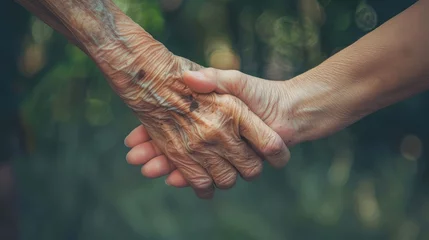Foto op Aluminium Parkinson disease patient, Alzheimer elderly senior, Arthritis person's hand in support of nursing family caregiver care for disability awareness day, National care givers month, ageing society © buraratn
