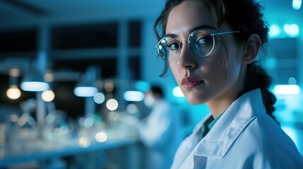 Scientific woman in Medical Science Laboratory with White Coat and Glasses 