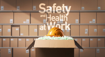 Safety and health at work: safety helmet in a delivery box