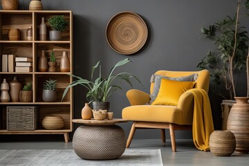 Boho Living Room Decor with Gray Sofa, Wooden Furniture and Botanical Accessories including Bamboo Crafted Chairs. Chic and Elegant Home Decoration with Bohemian Flair