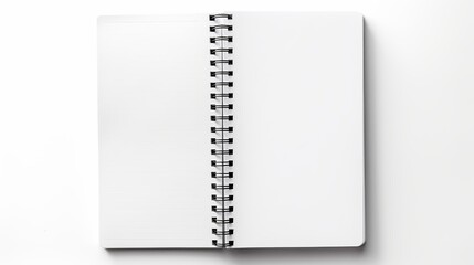 An empty white ruled notebook with a ring binder, observed from above, stands alone against a white backdrop.