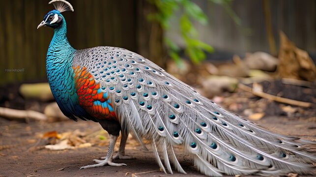 Close-Up of a Grey Peacock-Pheasant Bird's Exquisite Feathers Standing on the Ground with China Background
