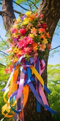 Colorful Ribbons in Spring Garden. Floral Wreath with Symbol of Beltane and Wiccan Celtic Holiday. Pagan Witch Traditions and Rituals in Beautiful Blossom Landscape - obrazy, fototapety, plakaty