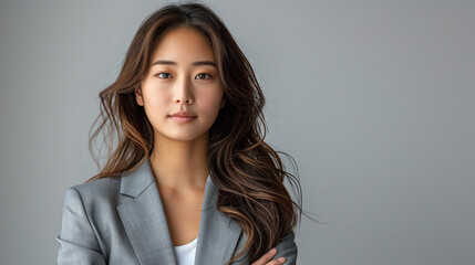 Fototapeta premium A poised young asian businesswoman with flowing hair wearing a stylish elegant suit, embodying confidence and professionalism on white background.