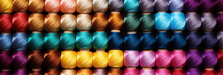 Colorful Cotton Thread Spools on Fabric for Sewing and Designing Clothes in Tailor Shop. Textile Thread Materials and Accessory for Dressmaking, Birds Eye View Perspective
