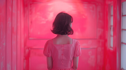 Woman standing in pink illuminated corridor