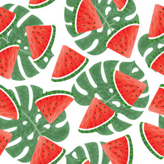 Seamless pattern with hand drawn  watermelon slace and tropical monstera leaves on white background.