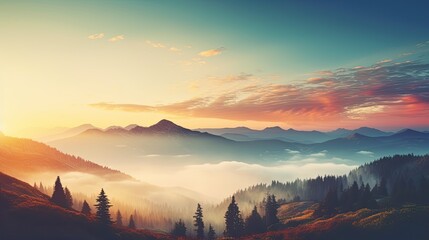 Colorful Sunrise over the Mountains with Vintage Filter. Panoramic View of Majestic Dawn with Sunlight, Fog, and Trees in Background