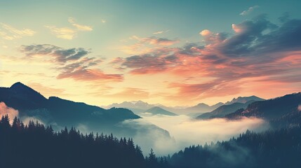 Colorful Sunrise Over Mountains: Panoramic View with Vintage Cross-Process Filter - Outdoors Background with Sunlight, Fog, and Trees