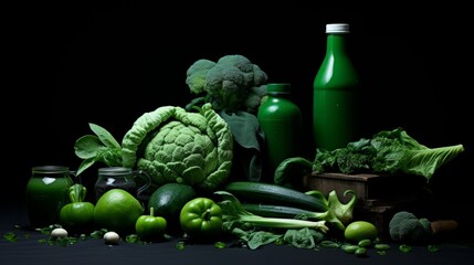 Green food on black background. Beautiful composition