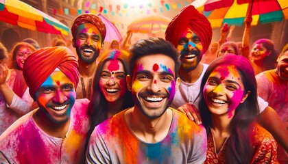 Realistic illustration of smiling indian people celebrating holi.