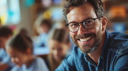 Miling teacher in a classroom at school as pupils are in the background. - obrazy, fototapety, plakaty