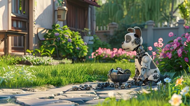 A robot dog outdoor. Summer sunny day. Yard of private two-storey private house. Futuristic companion explores sunny outdoor surroundings.