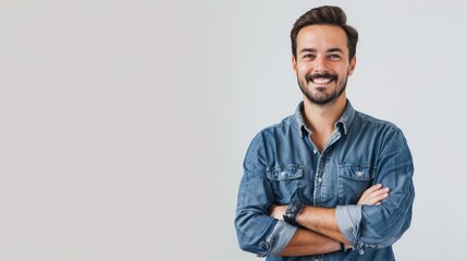 Casually handsome. Confident young handsome man in jeans shirt keeping arms crossed and smiling while standing against white background - obrazy, fototapety, plakaty