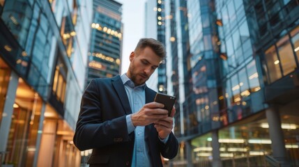 Businessman using mobile phone app texting outside of office in urban city with skyscrapers buildings in the background.