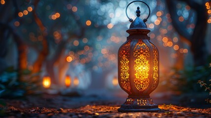 illustration of Ramadan lantern with golden Islamic inscriptions with a hollow background